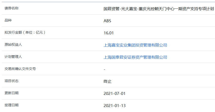 光大嘉宝重庆光控朝天门中心16.01亿元ABS被上交所终止中国网地产