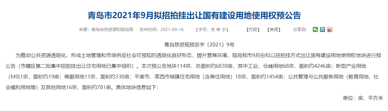 青岛9月拟出让114宗地块 总面积约6830亩_中国网地产