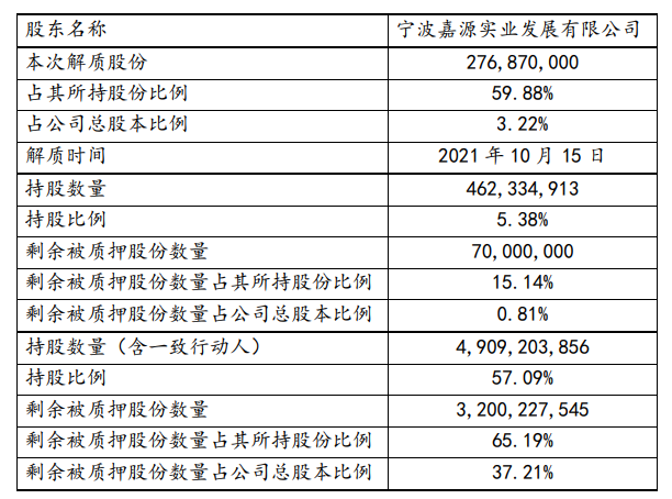 新湖中寶：寧波嘉源解除質押2.76億股股份 佔總股本3.22%_中國網地産