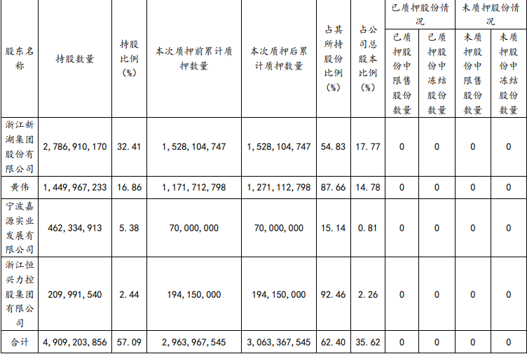 新湖中寶：黃偉質押9940萬股股份 佔總股本1.16%_中國網地産