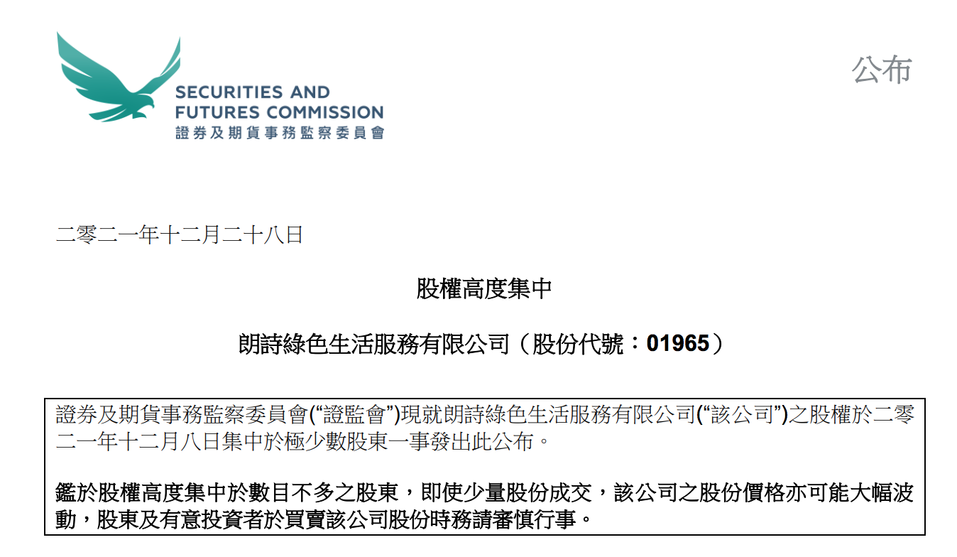 香港證監會：朗詩綠色生活股權高度集中，交易價格或大幅波動_中國網地産